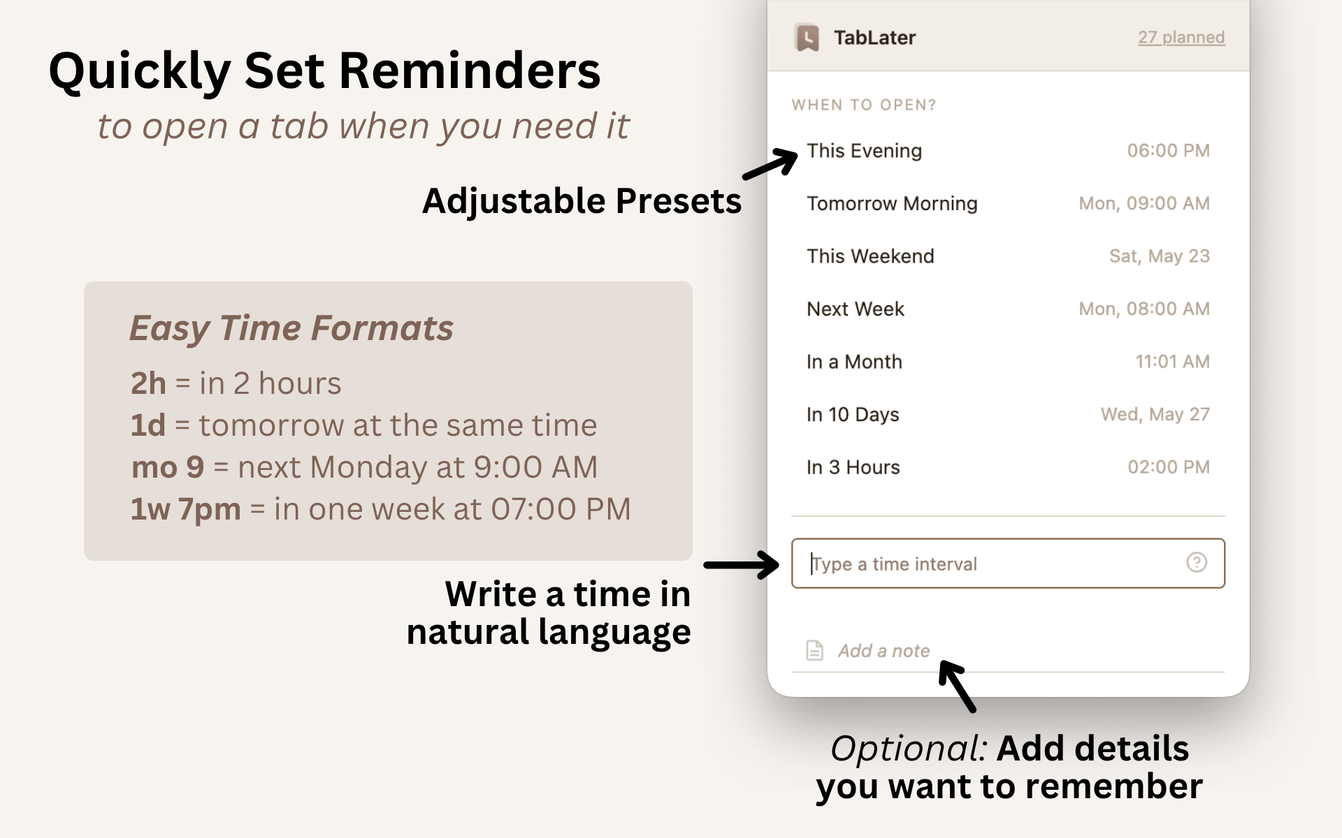 TabLater-Popup mit anpassbaren Voreinstellungen, Zeiteingabe in normaler Sprache und optionalen Notizen