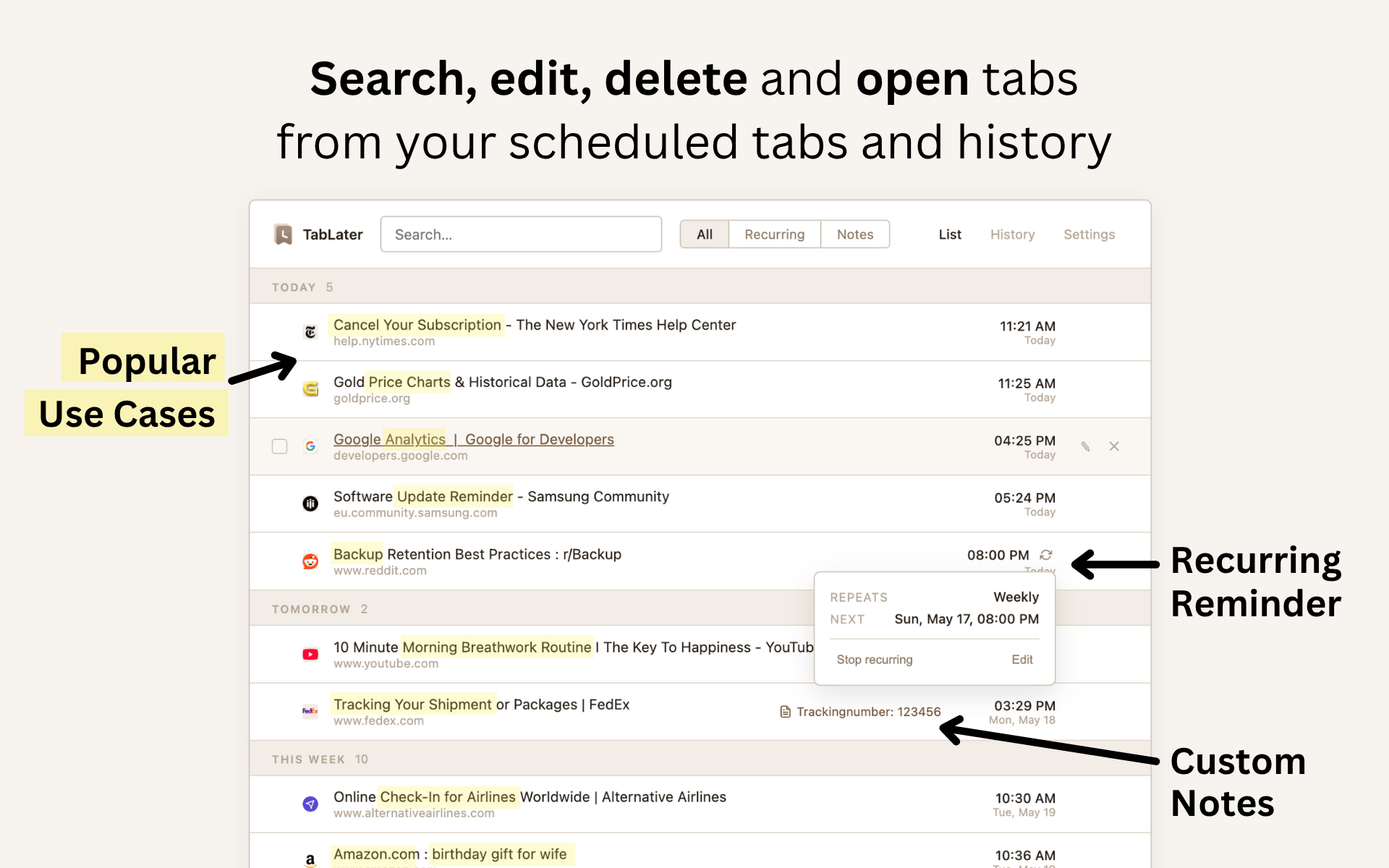 TabLater-Dashboard mit geplanten Tabs, Verlauf, wiederkehrenden Erinnerungen und Notizen